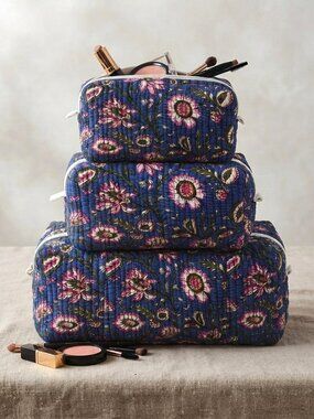 Set Of 3 Block Print Toiletry Bags, Cotton Makeup Bag, Cosmetic Bag Set Gift